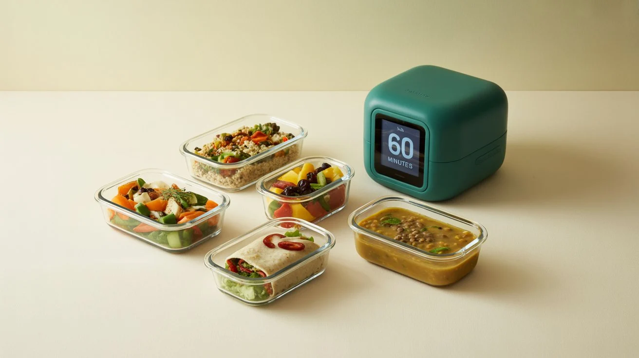 Five glass containers with different healthy lunch meals on cream background with 60-minute timer