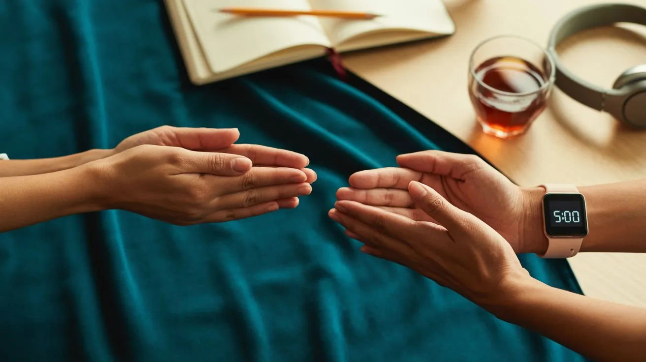 Hands performing quick stress relief methods: cold water splash, palm press, and wrist stretches on cream background