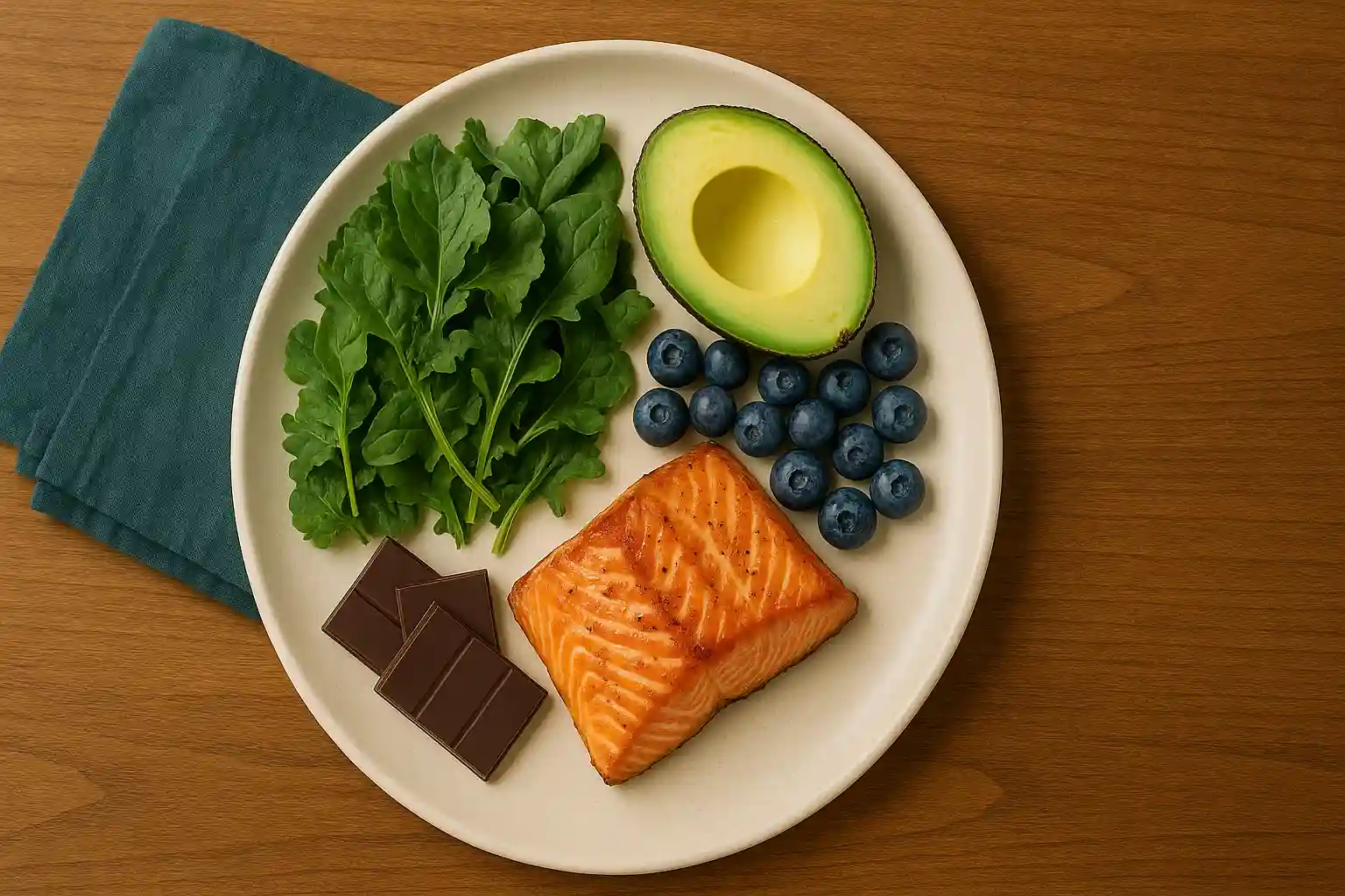 Overhead 16:9 view of grilled salmon, leafy greens, avocado, blueberries, and dark chocolate on a cream plate with a teal napkin on a wooden table.