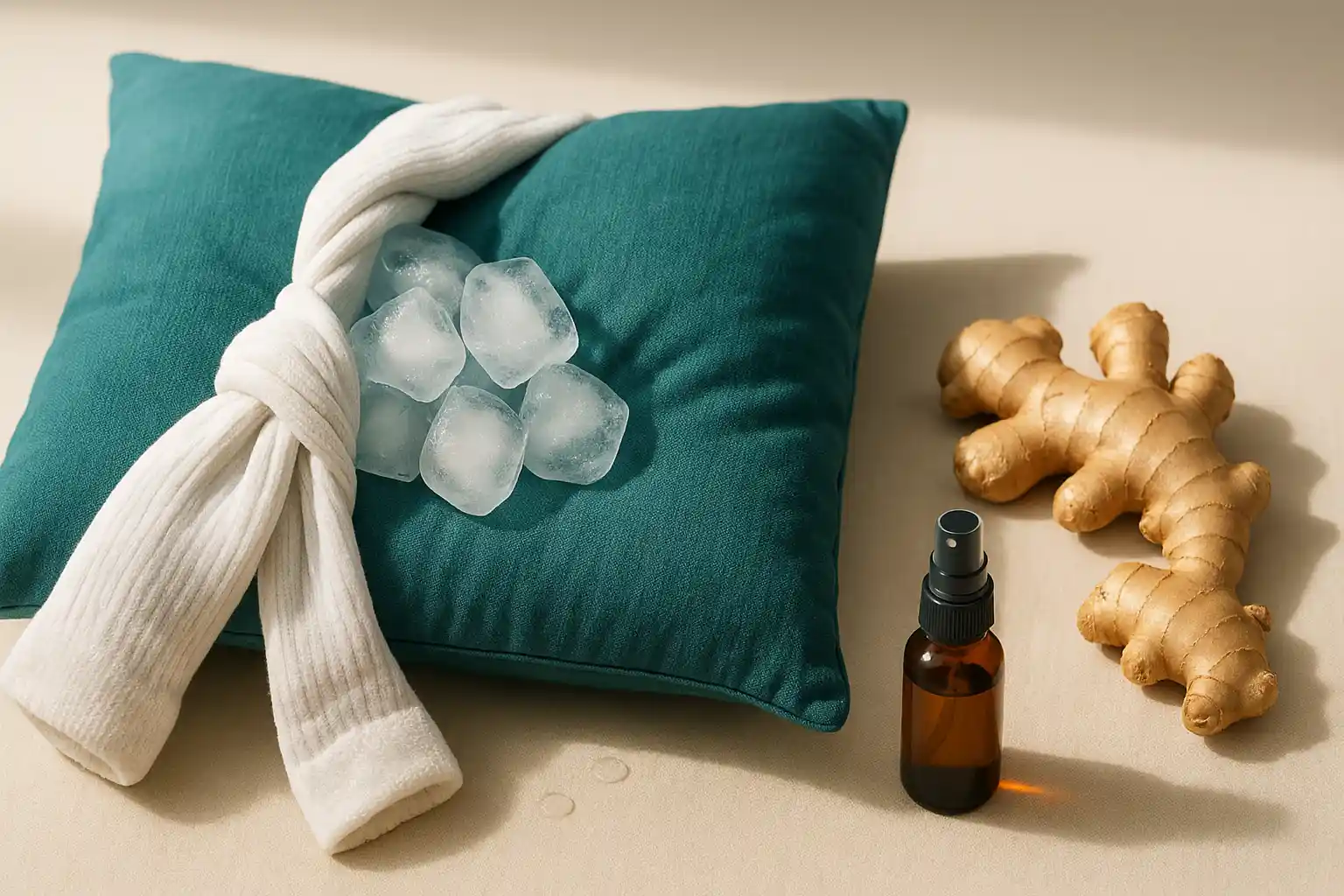 A teal pillow with white socks filled with ice cubes, fresh ginger root, and a small amber magnesium spray bottle on a cream-colored surface in soft morning light.