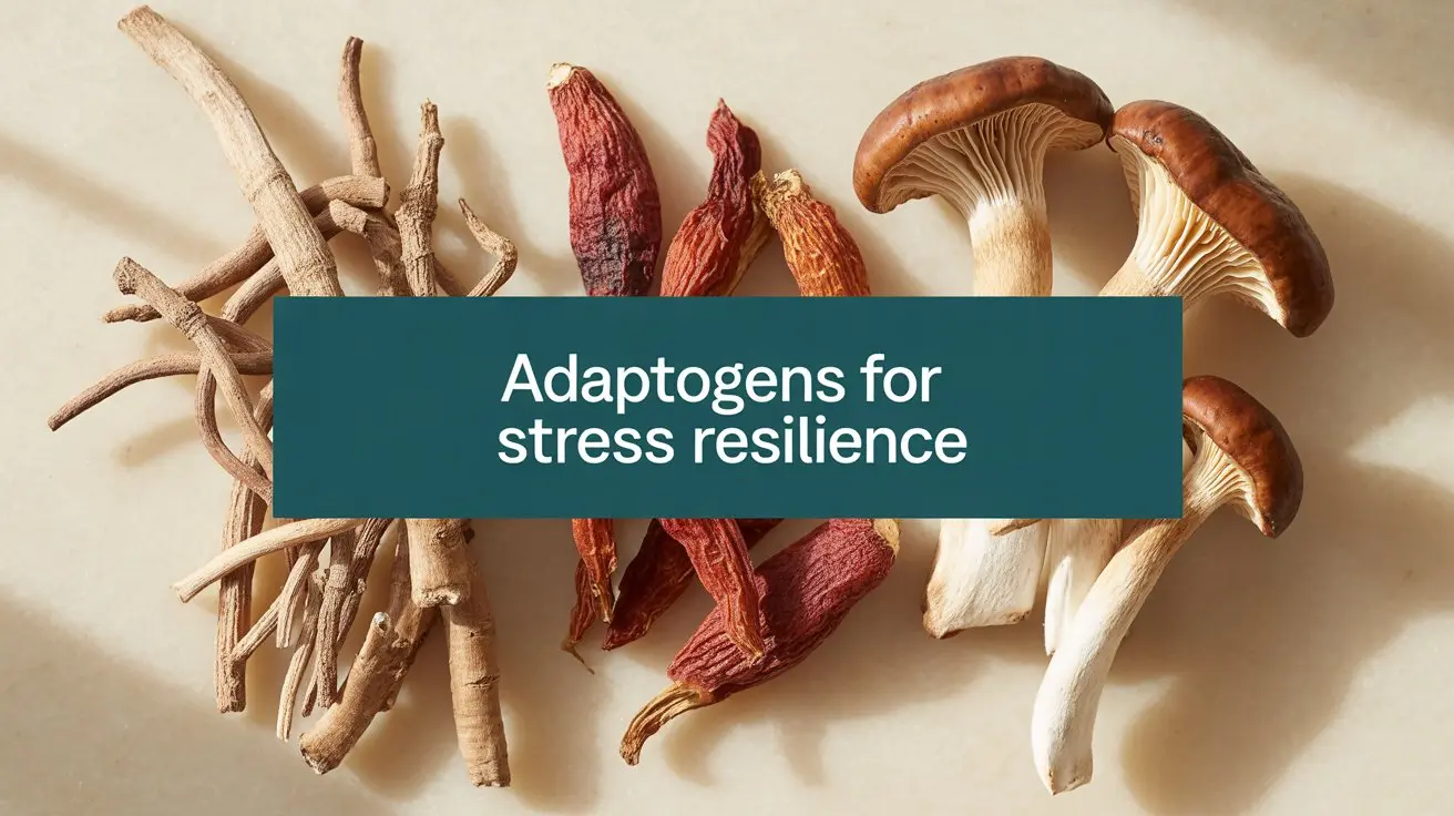 Ashwagandha, rhodiola, and reishi mushrooms on a cream background for stress resilience