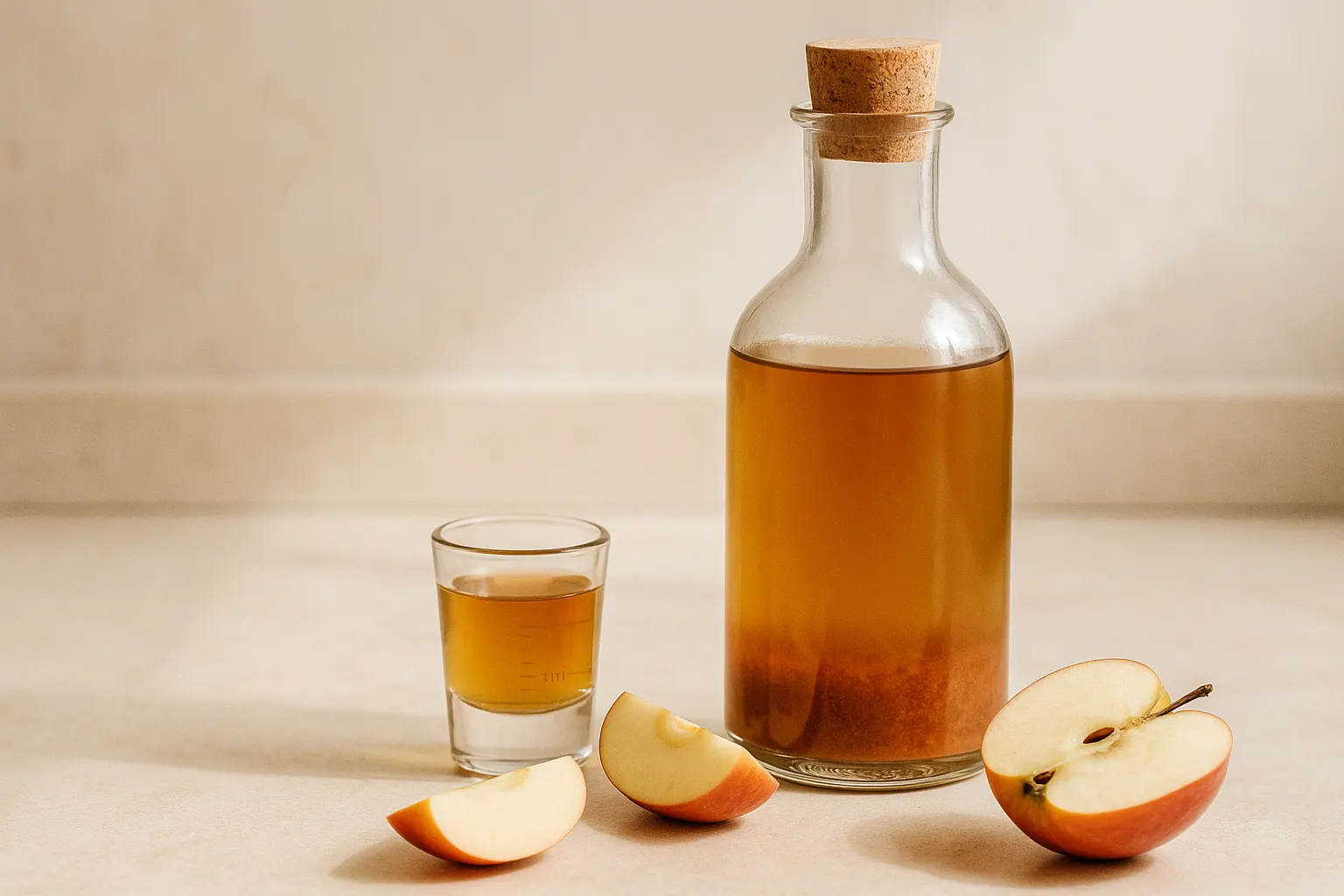 Glass bottle of unfiltered apple cider vinegar showing cloudy mother culture, with measuring shot glass and fresh apple slices on cream kitchen counter