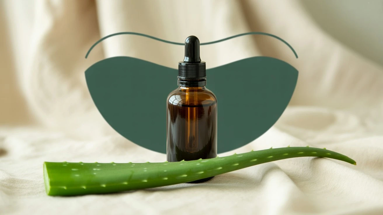 Black seed oil and fresh aloe vera leaf on cream background with skin inflammation diagram