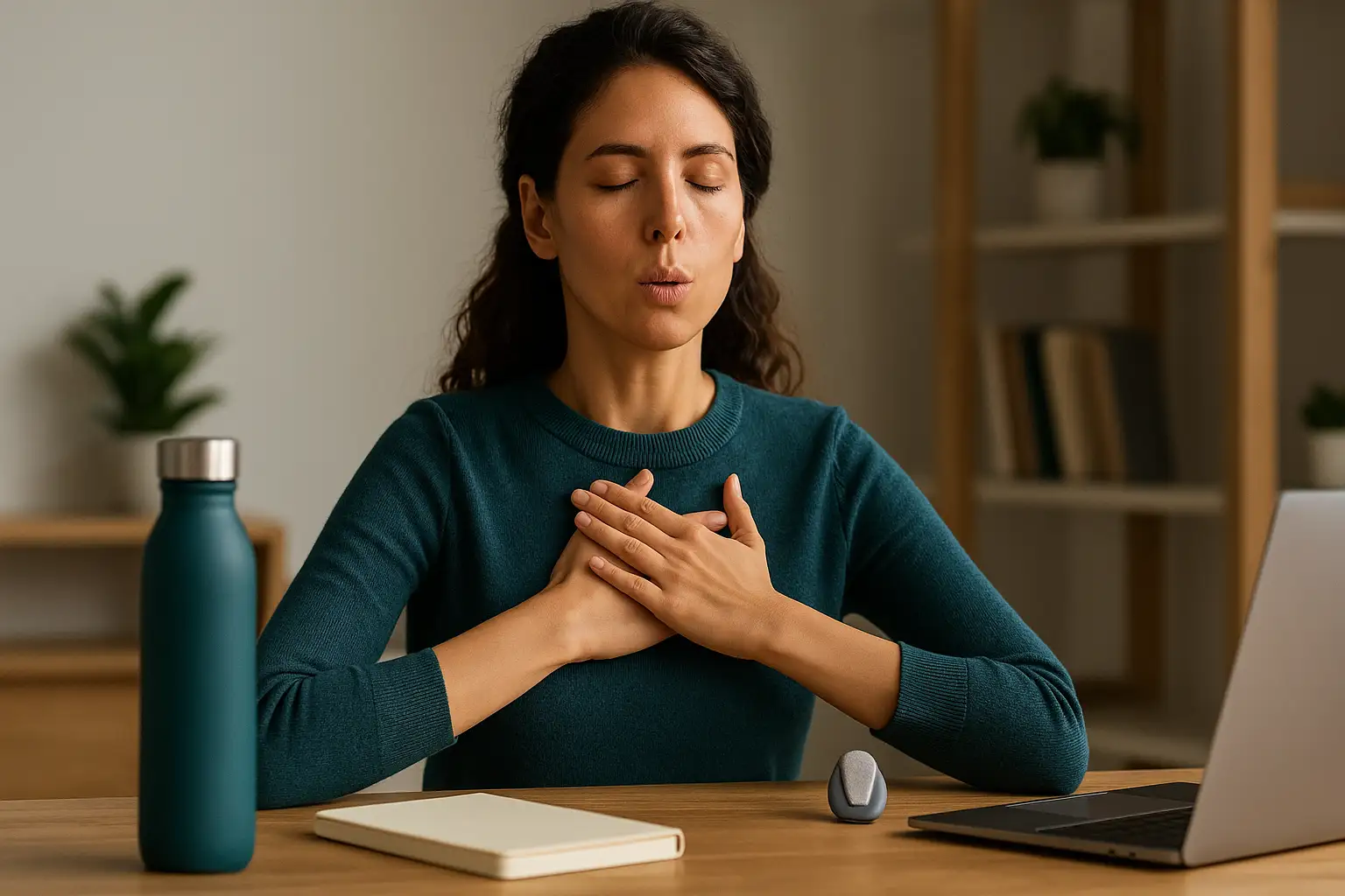 Person using 4-7-8 breathing technique with biofeedback device