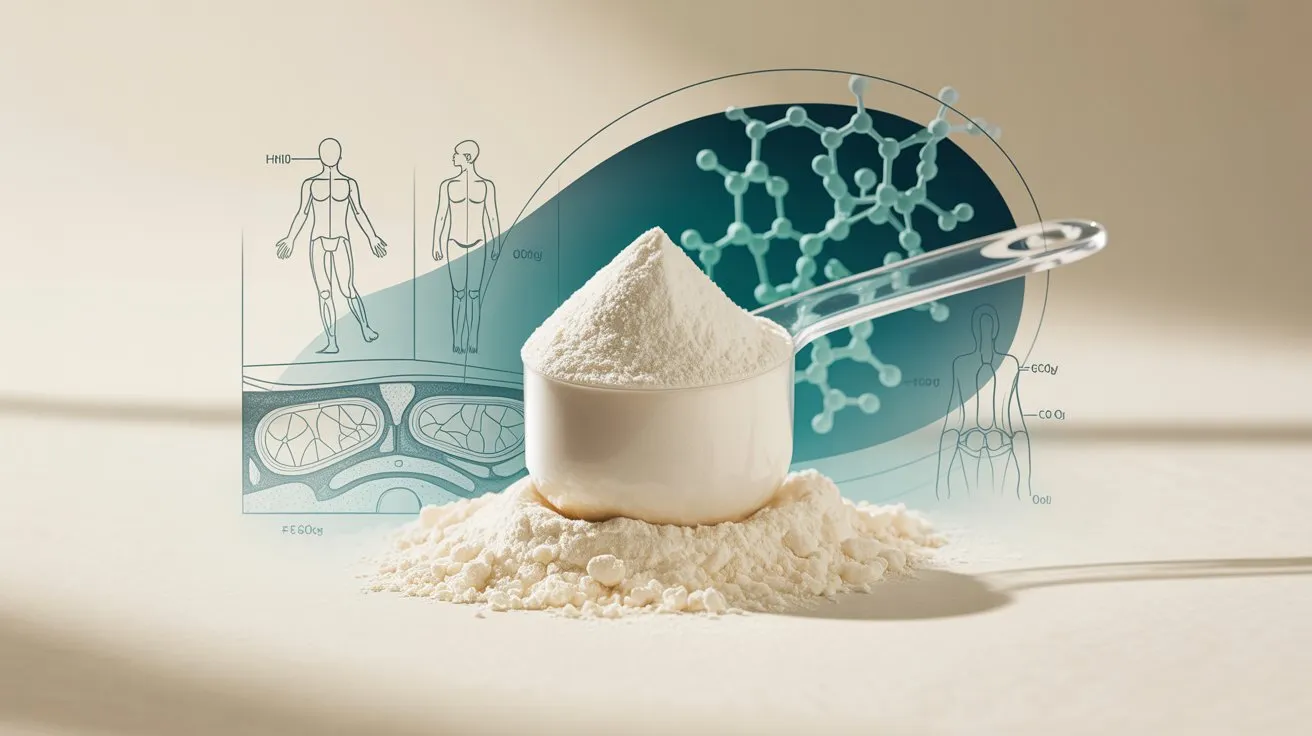 Hydrolyzed collagen powder shown with skin and joint diagrams demonstrating biological mechanisms.