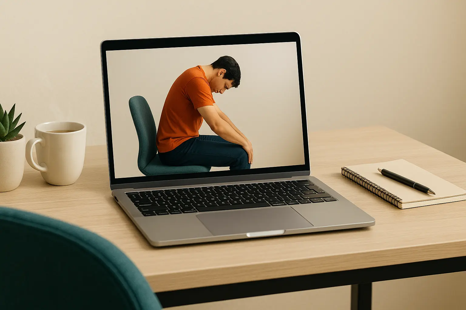 Woman performing seated cat-cow stretch at desk for back pain