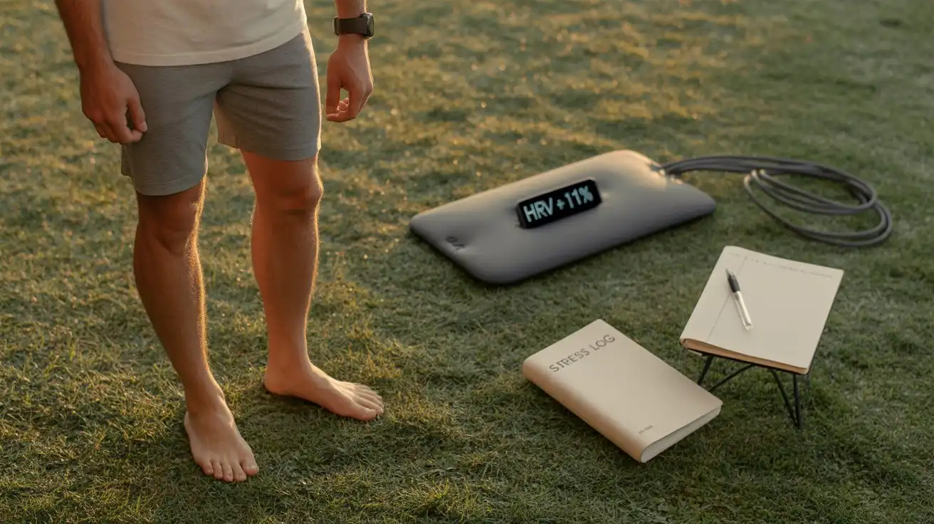 Bare feet on morning grass with grounding mat and stress log, showing science-backed earthing for stress relief