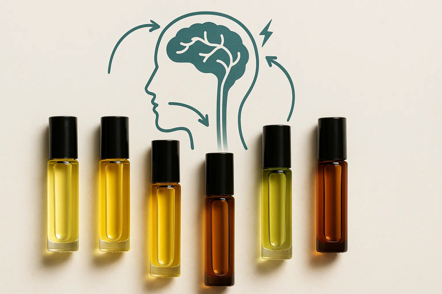 Colored essential oil blends in glass roll-on bottles for headache treatment