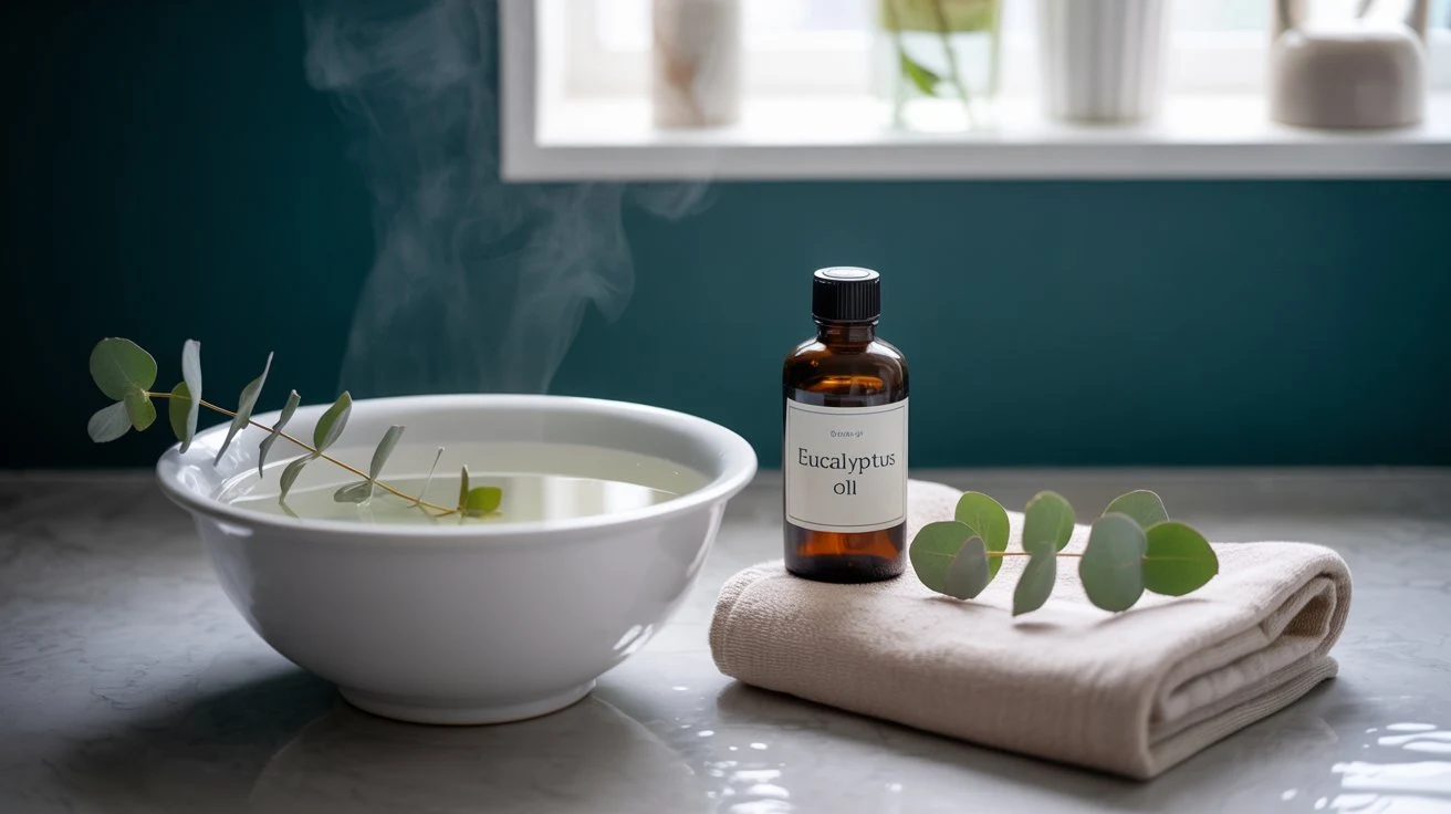 Woman using eucalyptus oil steam to clear sinus congestion