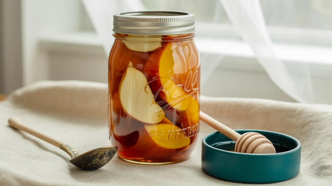 Glass mason jar filled with immune-boosting fire cider ingredients - garlic cloves, ginger root and apple cider vinegar - with wooden spoon and honey dipper on cream background