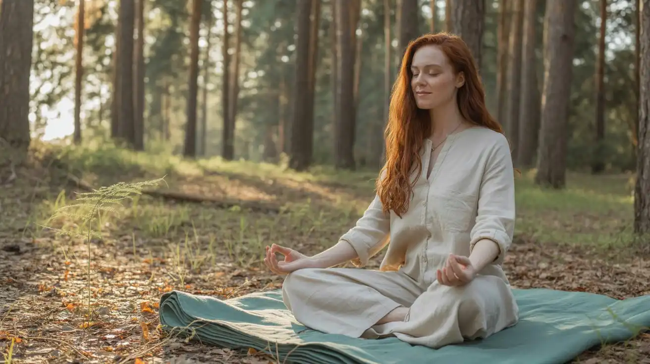 Young woman practicing shinrin yoku in a sunlit pine forest, demonstrating nature therapy for stress relief.