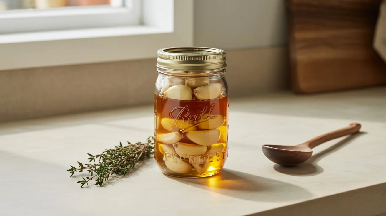 Glass mason jar with layered raw garlic cloves and golden honey, fresh thyme sprig and wooden spoon on cream kitchen counter