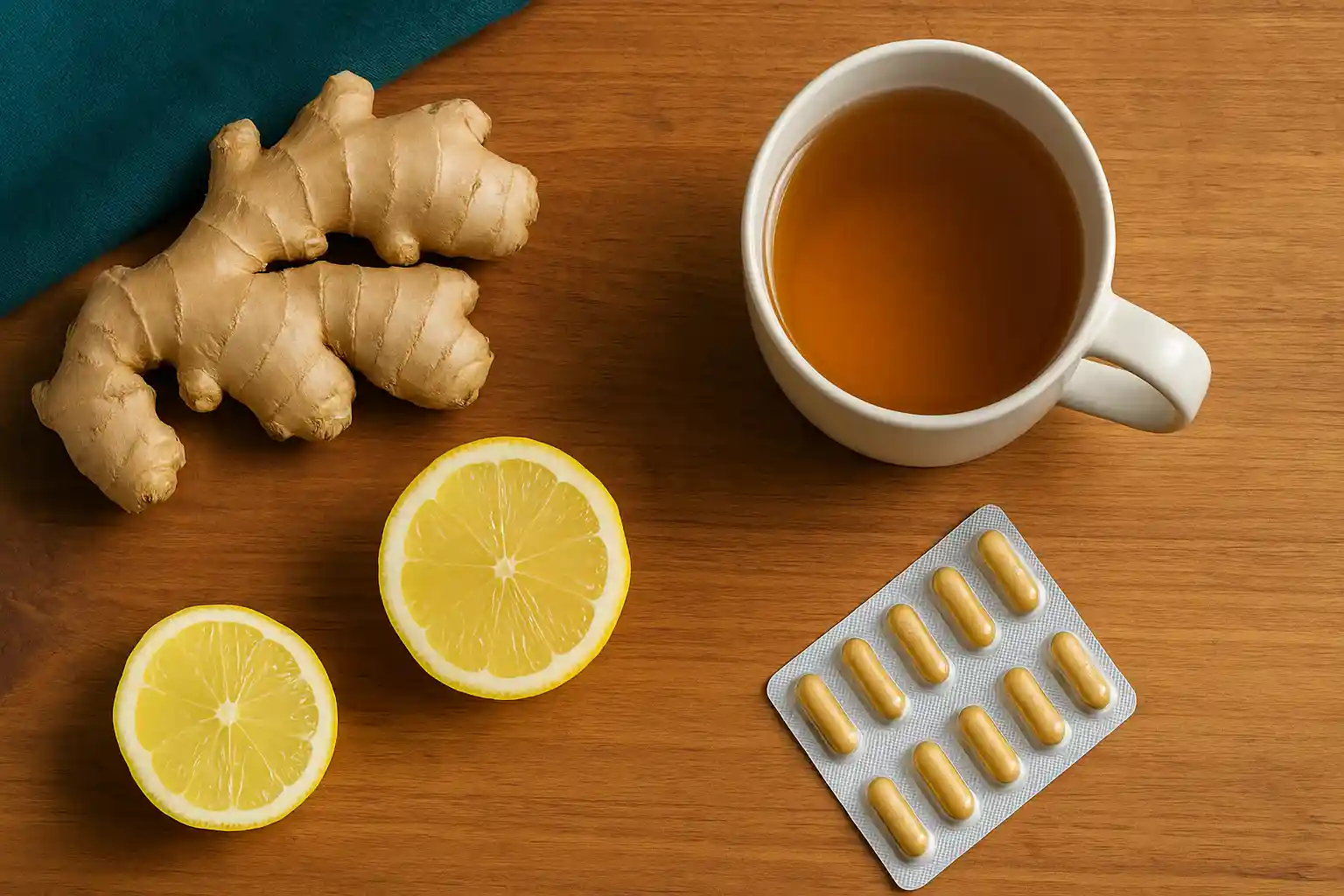 Fresh ginger root and tea for natural digestion relief