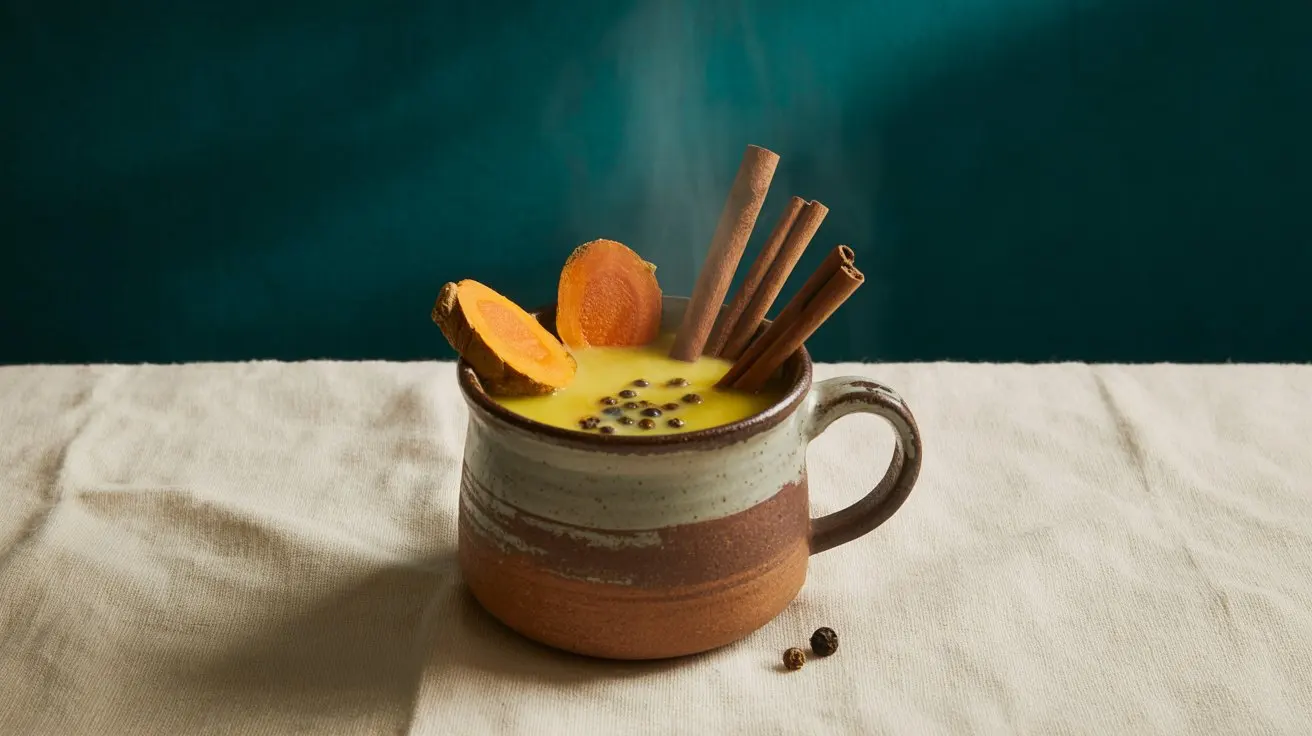 Soothing golden milk in mug with fresh turmeric and spices for inflammation relief