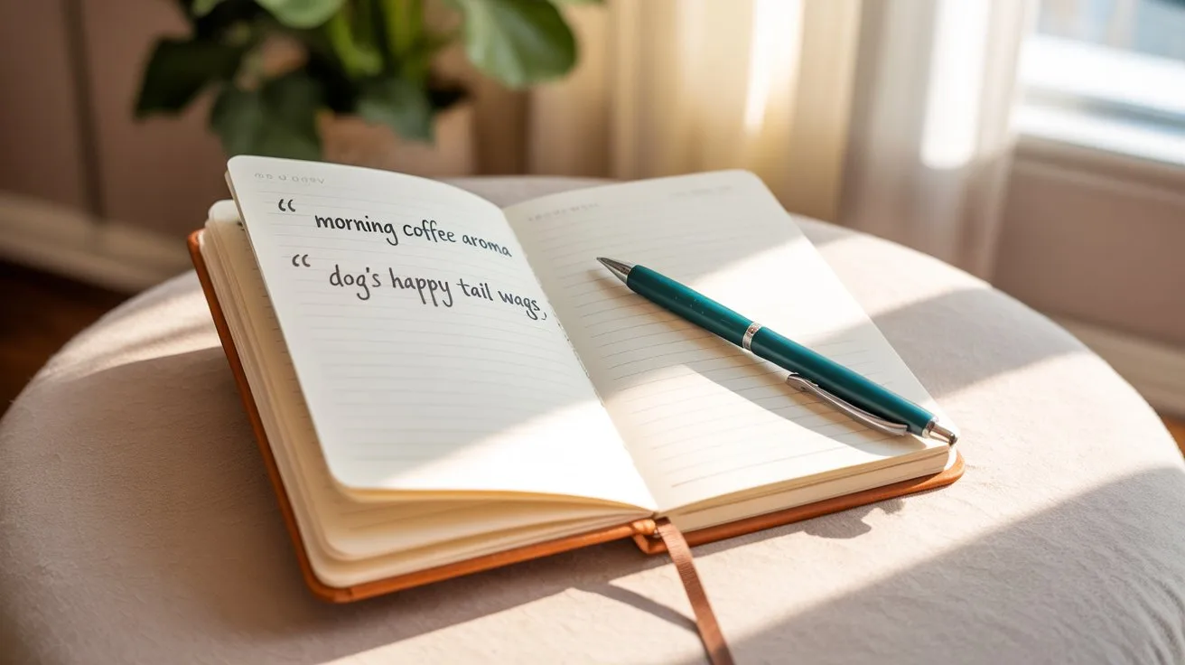 Open gratitude journal showing detailed entries about coffee and pets, demonstrating brain-rewriting practice