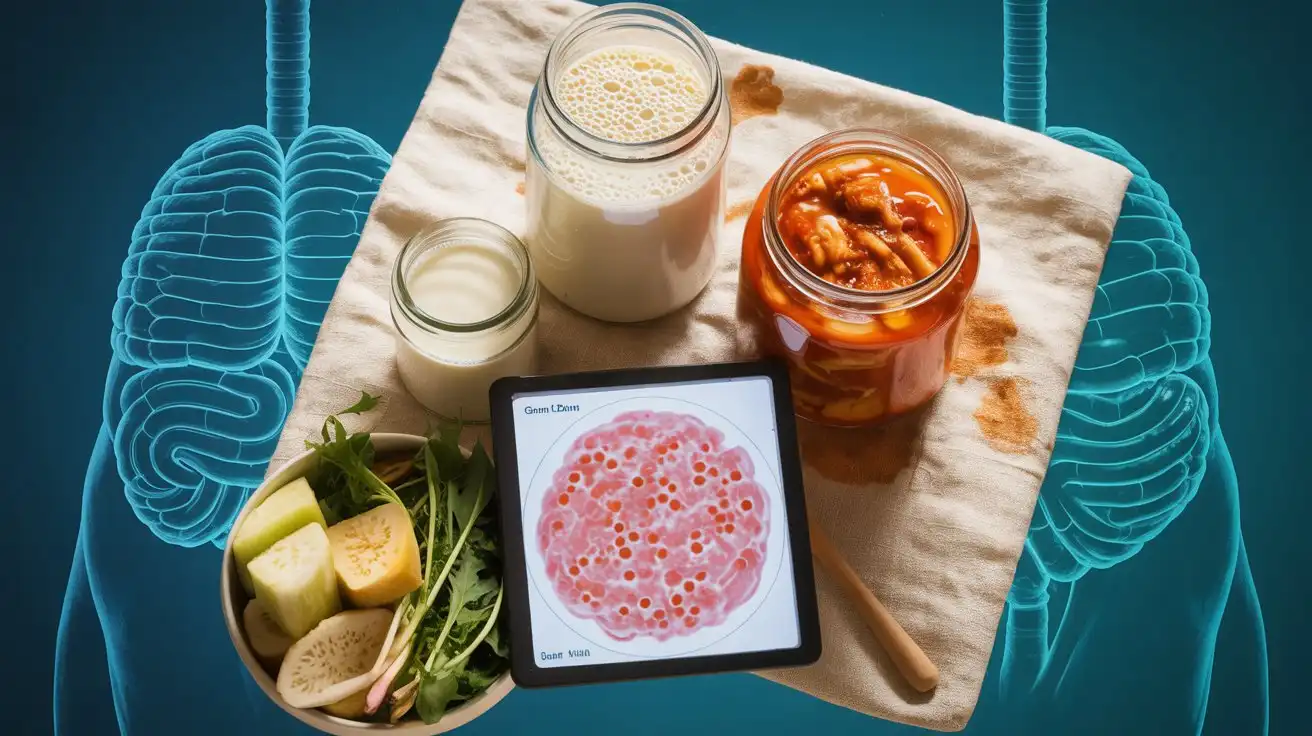 Illustration showing gut and brain connected by nerves, with probiotic foods like kimchi and kefir on a cream background