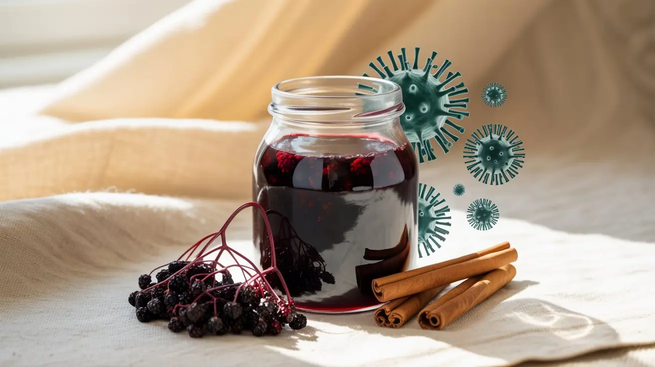Homemade elderberry syrup in glass jar with dried berries and cinnamon sticks on cream background