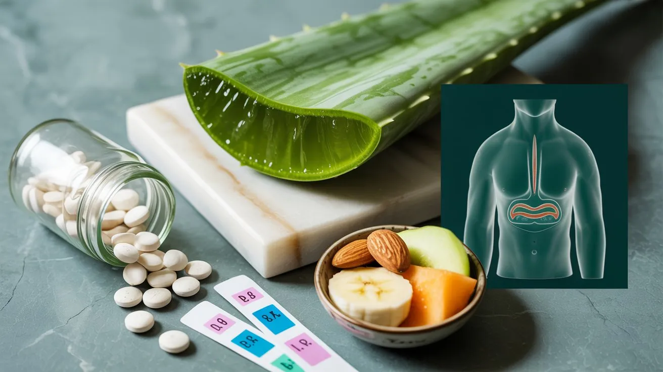 Aloe vera, DGL licorice tablets and pH strips for heartburn relief with esophagus diagram