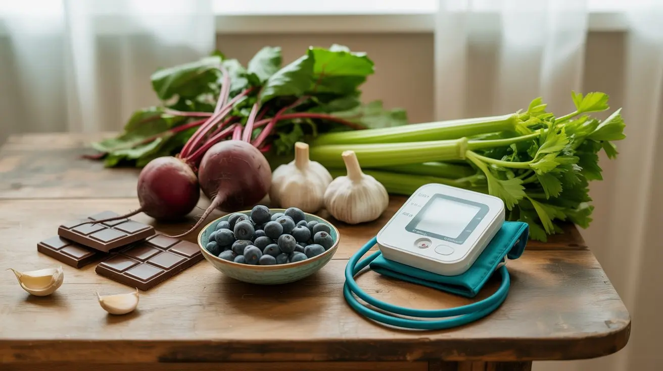 Healthy foods that reduce blood pressure quickly including beetroot, garlic and dark chocolate with blood pressure monitor.