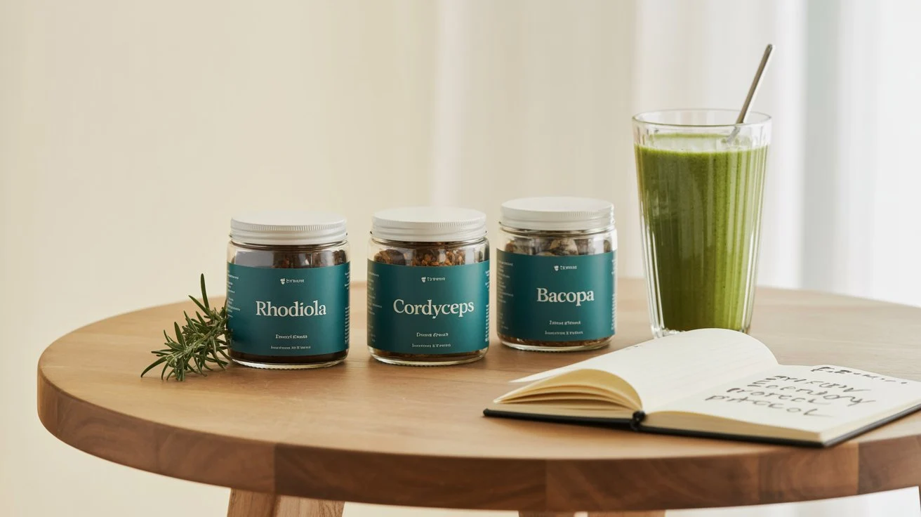 Glass jars of Rhodiola, Cordyceps and Bacopa supplements with morning smoothie and notebook on wooden table