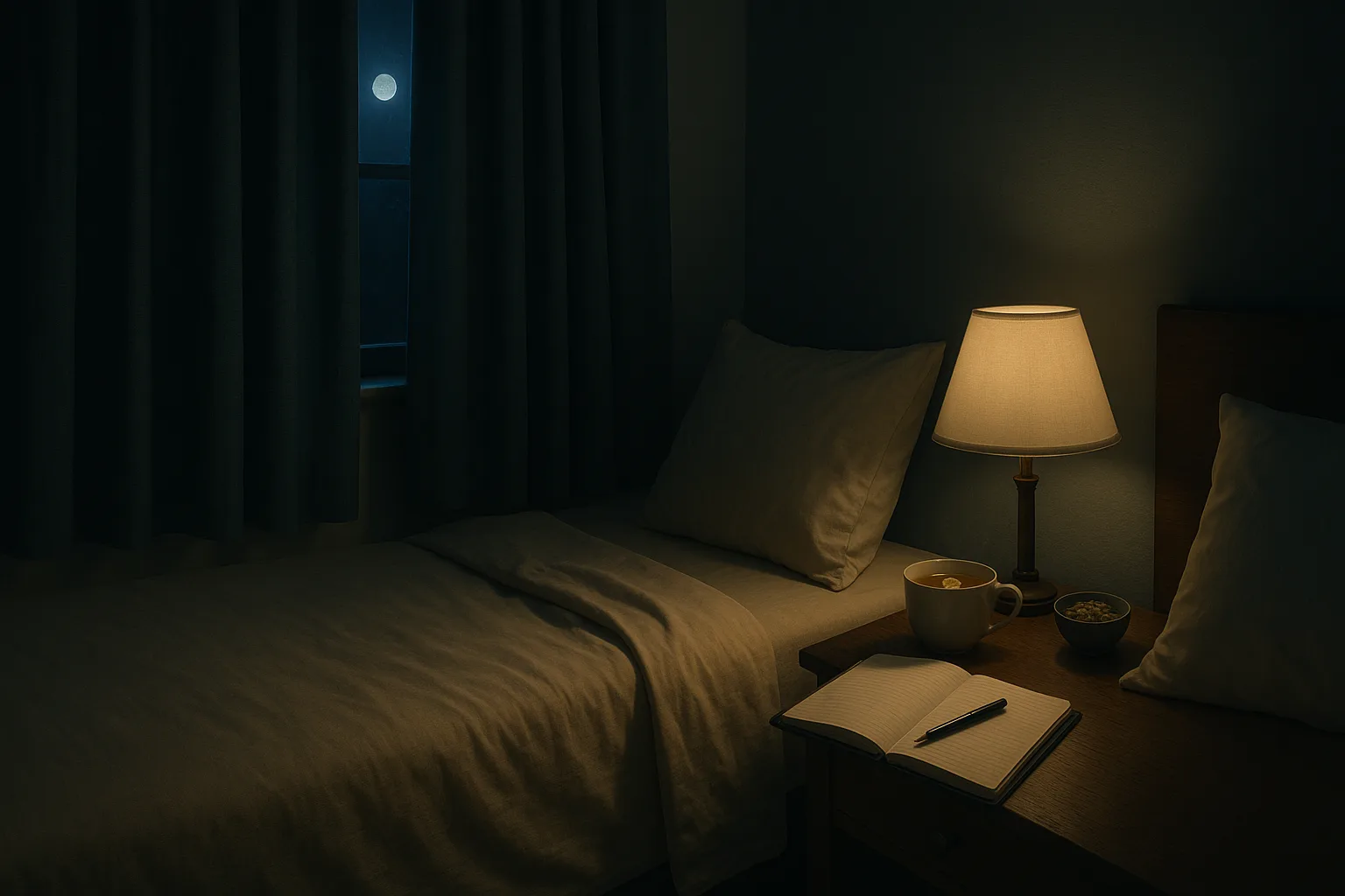 Bedroom scene with natural insomnia solutions - chamomile tea, journal and pumpkin seeds for better sleep