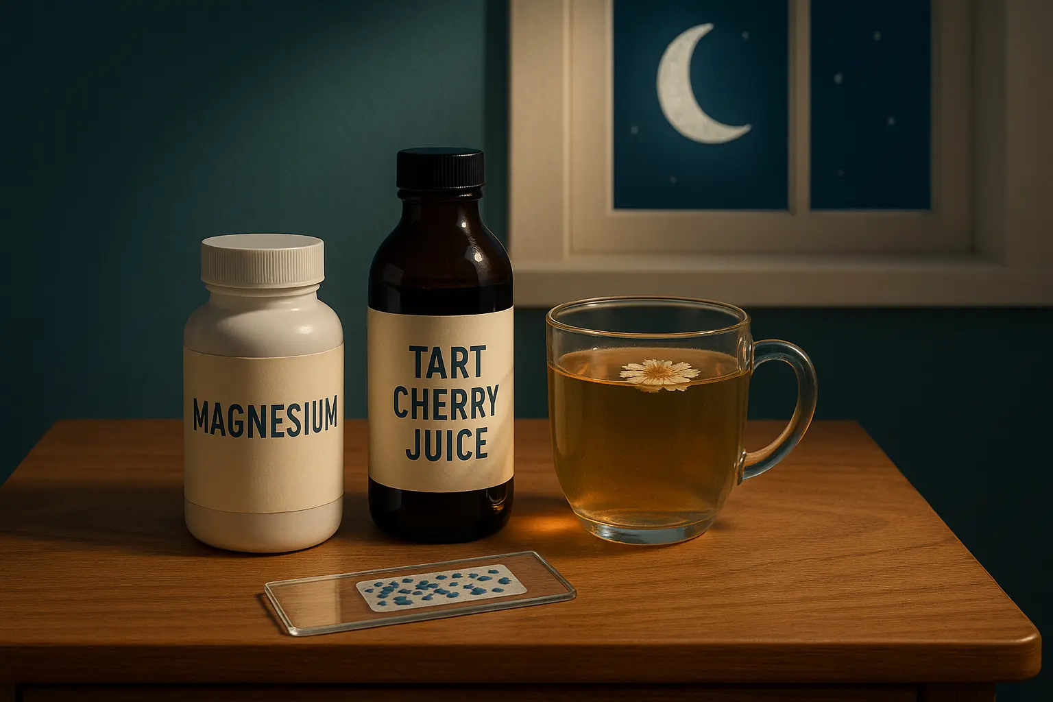 Wooden nightstand with magnesium supplements, tart cherry juice, and chamomile tea for better sleep, with moonlit window in background