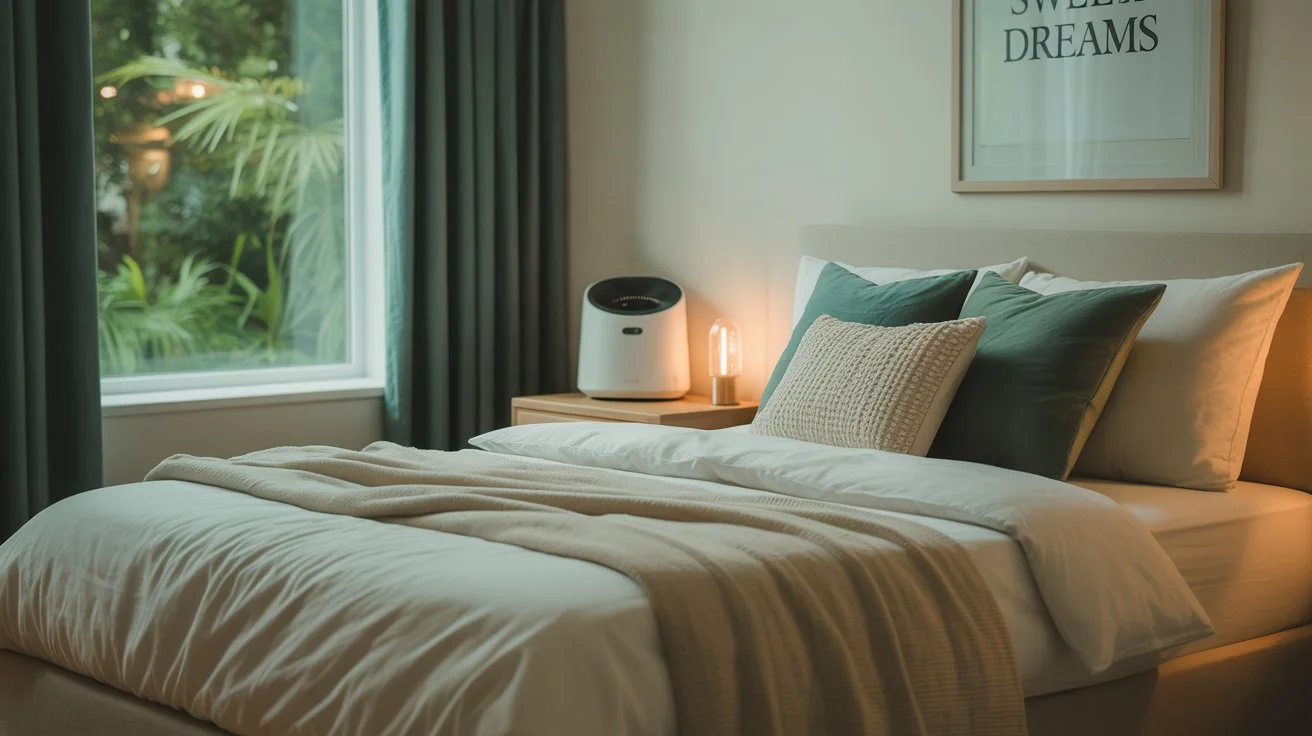 A serene bedroom with blackout curtains, cool tones, and a comfortable mattress for optimal sleep.