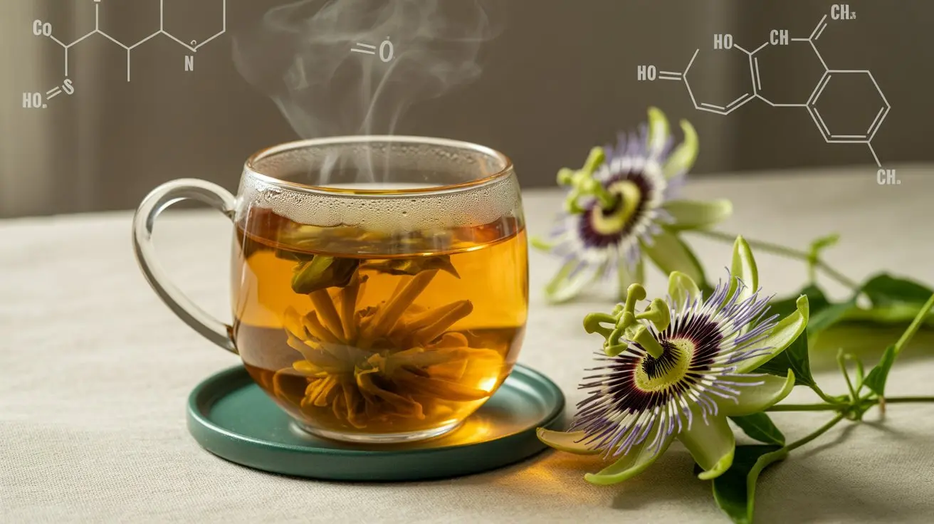 Glass cup of passionflower tea with steam rising beside fresh passionflowers, showing natural anxiety remedy