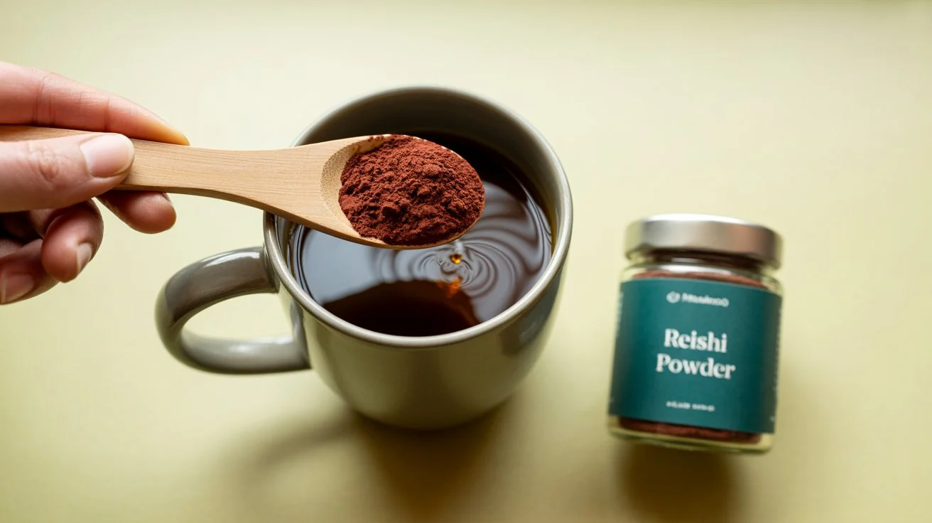 Close-up of reishi mushroom powder being added to coffee showing texture and color.