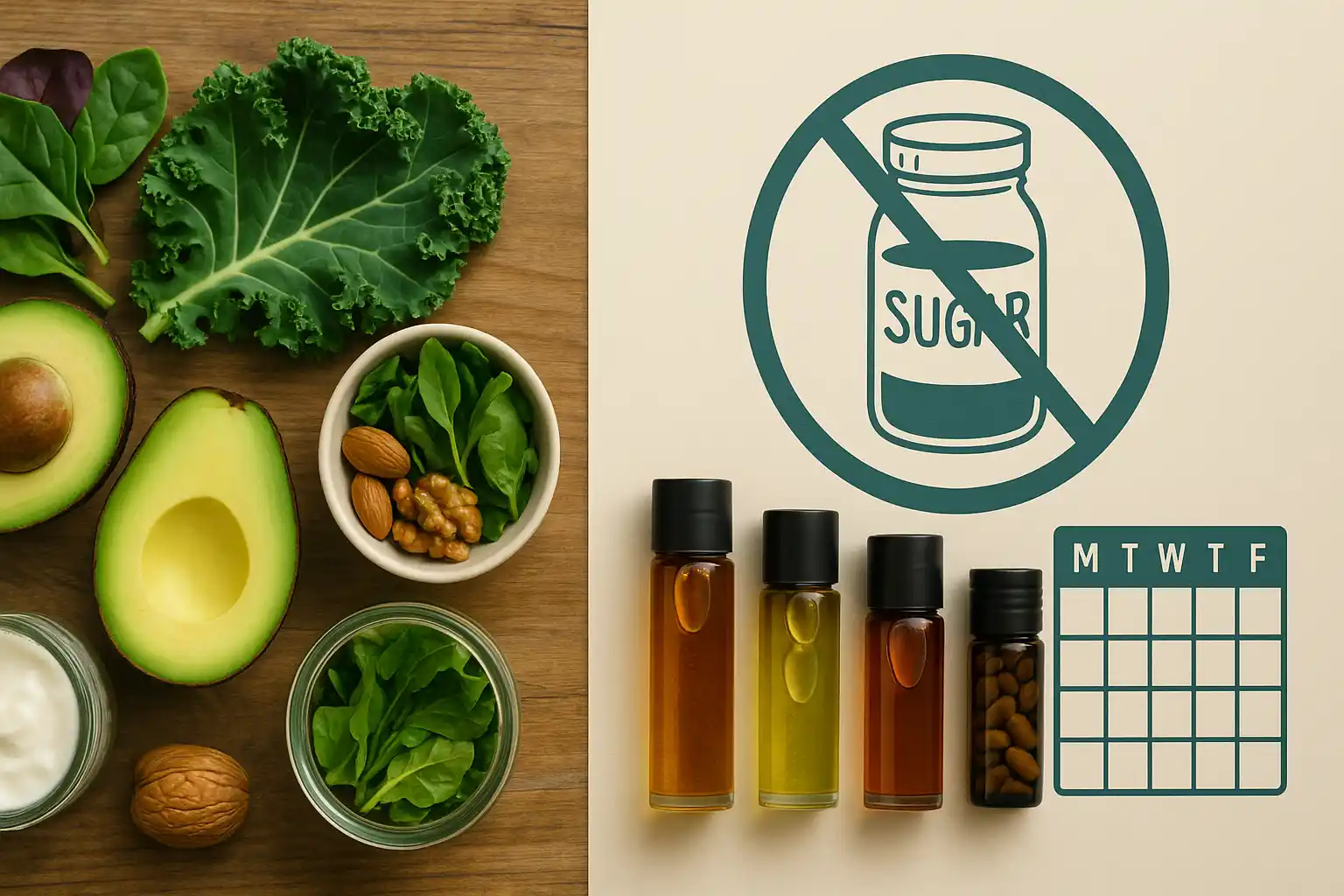 Healthy sugar-free foods with 7 day detox calendar.