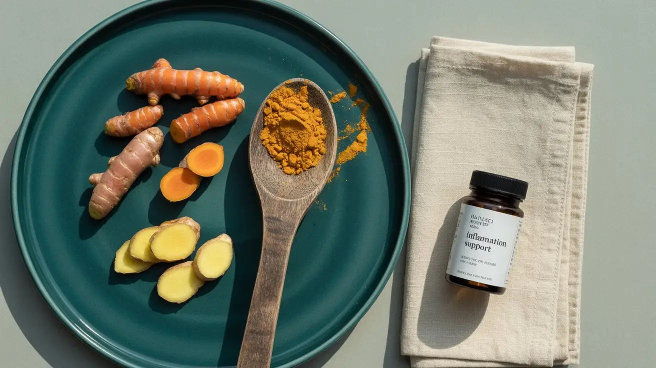 Fresh turmeric root, sliced ginger, and anti-inflammatory supplements arranged on teal plate for natural pain relief