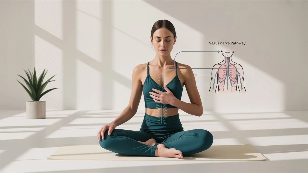 Young woman practicing diaphragmatic breathing in teal yoga outfit to stimulate vagus nerve for stress relief.